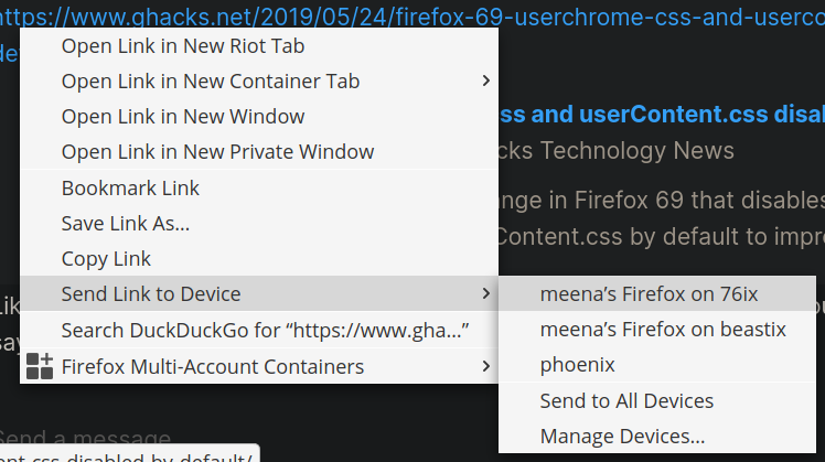 Firefox Context Menus, pointing at Send to Device and showing available devices